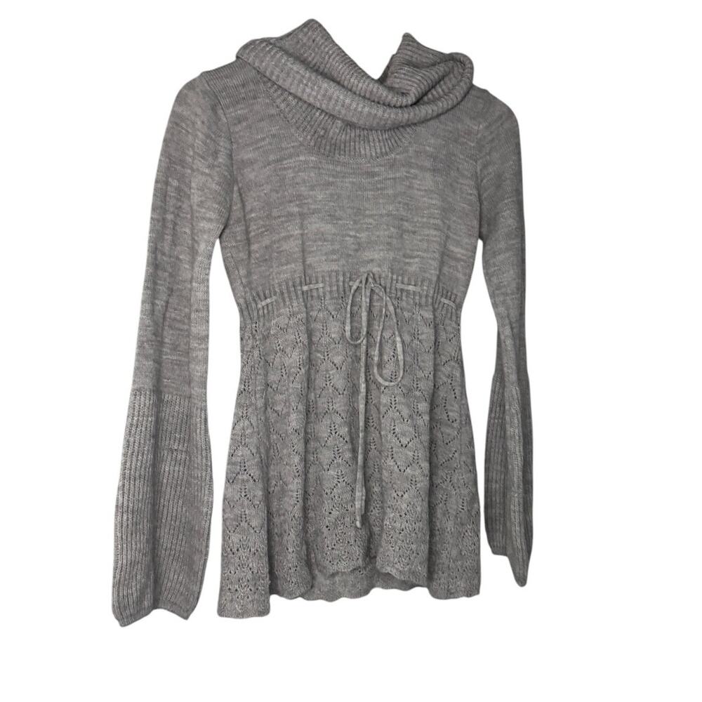 Doki Geki Gray Wool Blend Pointelle Cowl Neck Bell Sleeve Sweater M Y2K Boho